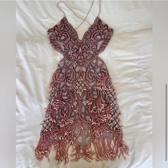 ASOS Pink Embellished Beaded Pearl Baroque Dress - Picture 3 of 7